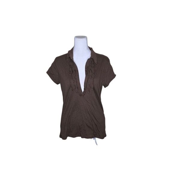 Talbots Cap Sleeve VNeck Ruffle Detail Slim Fit Top Womens Size M Brown - Picture 2 of 9